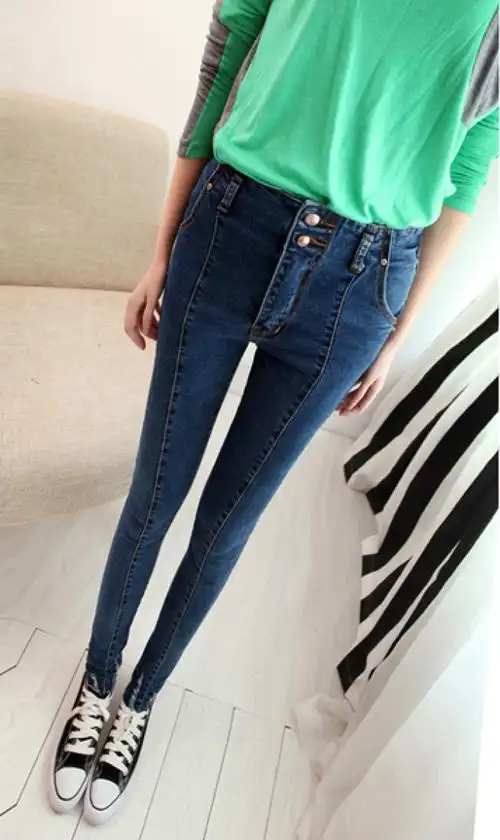 欧美大牌 弹力紧身复古深蓝色高腰中缝牛仔长裤 女 新款小脚裤 破