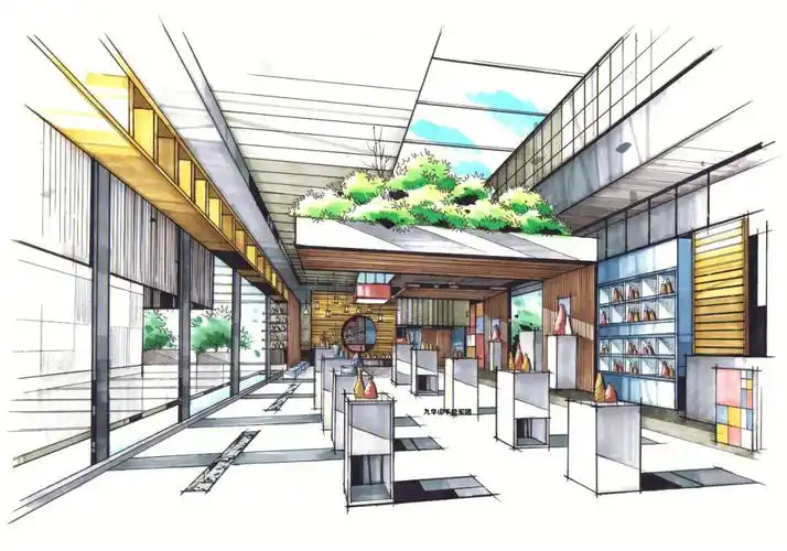手绘教程室内空间展览馆手绘步骤图