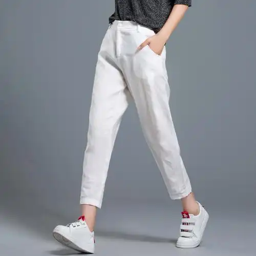 白色裤子女夏季薄款棉麻裤八分裤休闲裤亚麻女裤萝卜哈伦裤七分裤