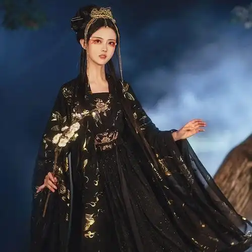 黑暗系【汣渡】汉服女中国风黑色齐腰襦裙霸气夏季仙气超仙古装