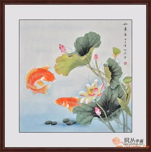 背景墙风水画-【作品**】:仇谷工笔荷花鲤鱼《如意图》 玄关招财图