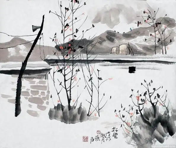 水墨山水画作品《村里》,68x50-刘燕声         水墨山水画作品
