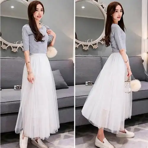 白色网纱半身裙中长款夏高腰蓬蓬显瘦百褶长裙学生仙女纱裙a字裙