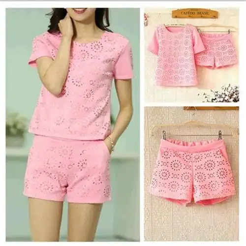 2015春装新款名媛套装短裤韩版修身小香风镂空两件套 粉红色 s - 京东