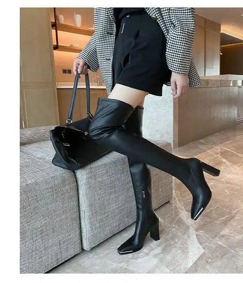 漆皮过膝长靴女长筒靴黑色秋冬季高跟靴真皮超长大腿靴子高筒靴 哑光