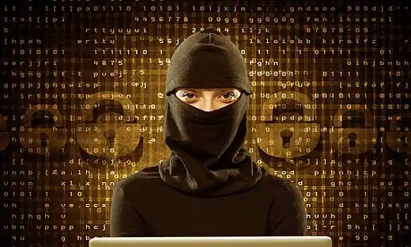 网络安全,概念,混合,黑客,面具,使用笔记本,深色背景