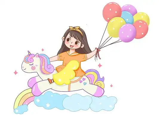 儿童节气球小女孩手拿气球骑在独角兽上飞