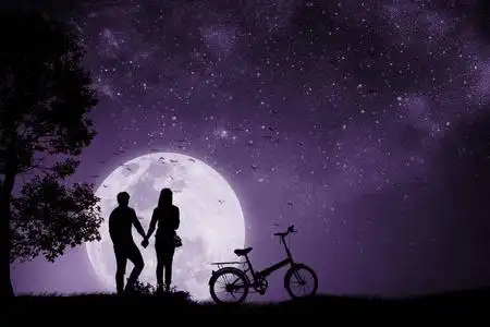 剪影情侣手牵手满月夜俏皮照片