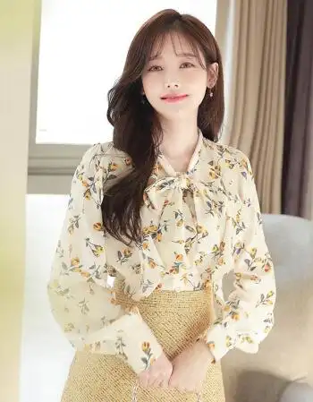 欧洲站碎花衬衫女2019新款春装长袖蝴蝶结雪纺上衣女洋气打底衫宽松