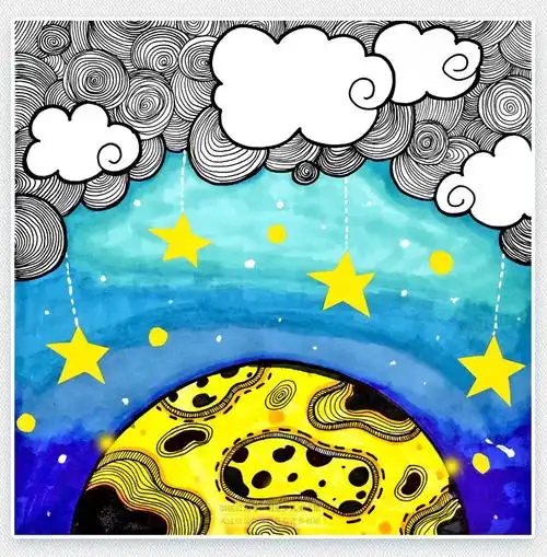 儿童画教程|感受线条与色彩的魅力《挂满繁星的夏夜》