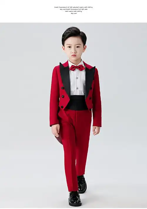 婚礼主持人钢琴演出服男孩走秀西装德洛宾 黑色燕尾服五件套(腰封款)