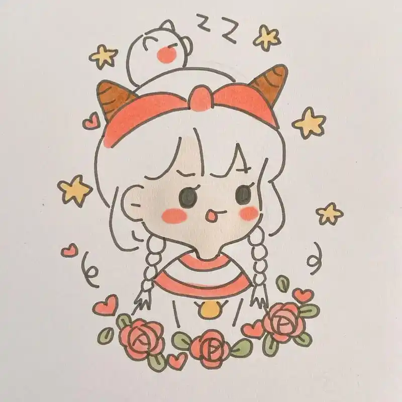 临摹手绘金牛座卡通q版人物马克笔简单女孩