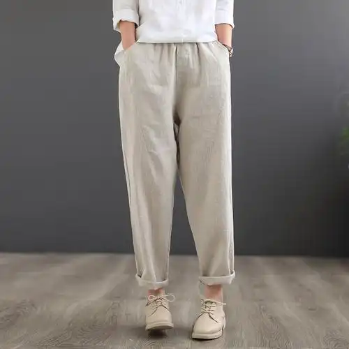 基础百搭棉麻长裤女士松紧纯色显瘦筒裤春秋休闲裤