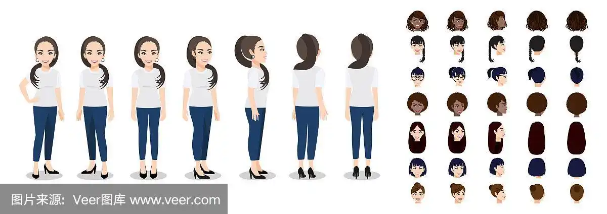 正面,侧面,背面,3-4视图字符.一套女性头部和平面矢量插图.