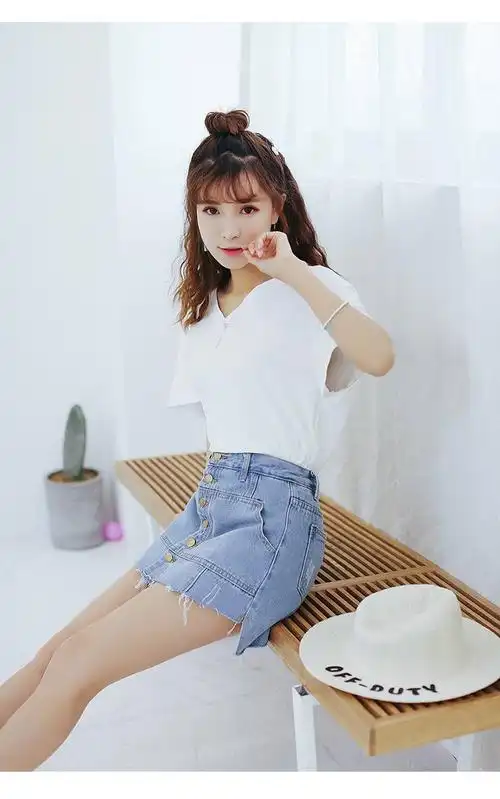 春夏新款a字半身裙高腰单排扣毛边牛仔超短裤裙包裙女防走光 752