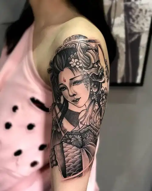 大臂艺妓纹身图片_插画成品肩部手臂传统肖像清新人物静物纹身图案