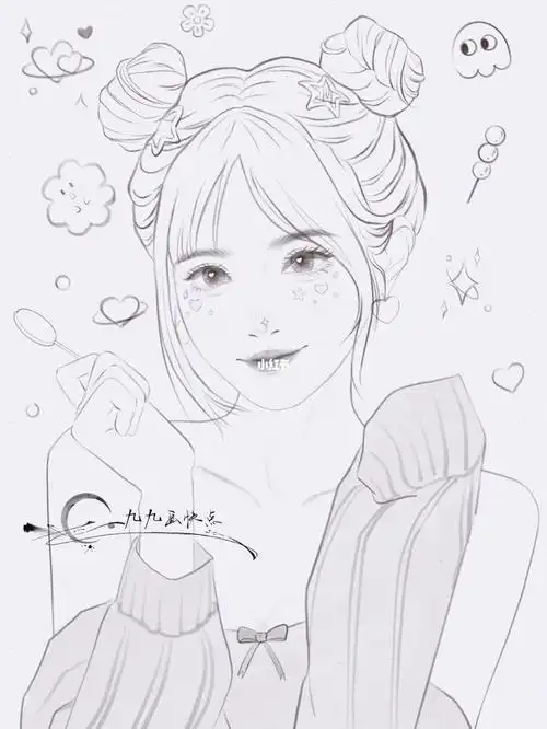 可爱少女线稿双丸子头