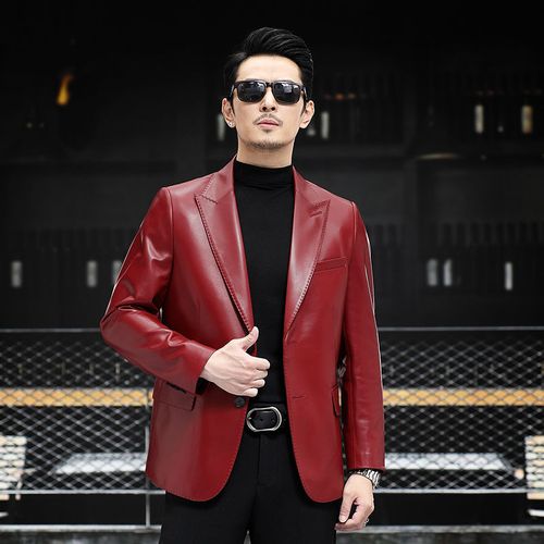假一罚十头层绵羊皮高档刘德华同款红色真皮皮衣西装皮夹克外套