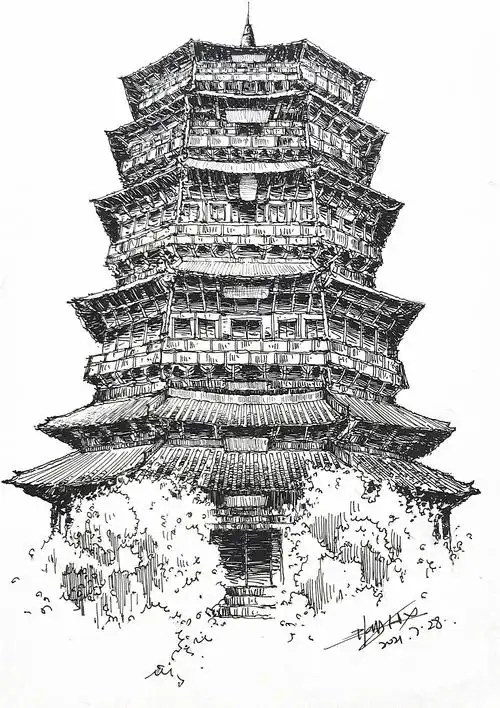 古建筑手绘 应县木塔