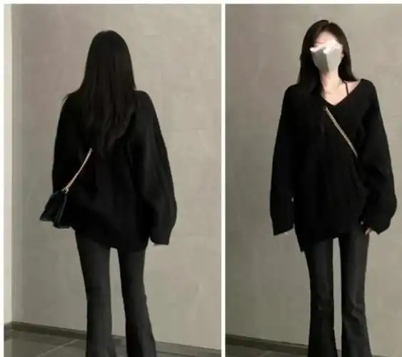 黑色对于皮肤白的宝宝来说,真的好显白,宽松版型的懒惰毛衣搭配黑灰色