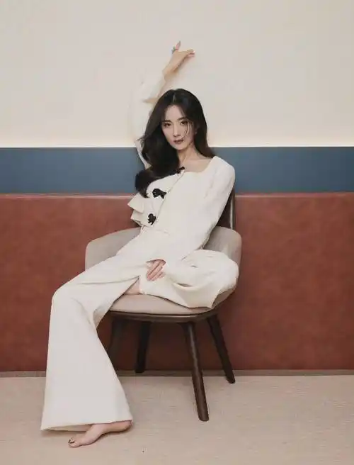 杨幂白色蝴蝶结套装慵懒又干练 微卷黑长发超温柔