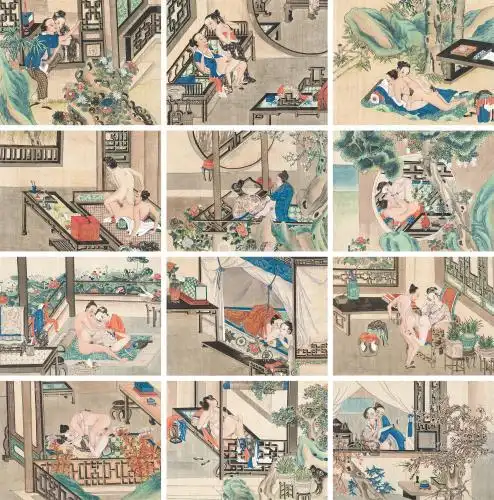 佚名 秘戏图 (十二帧) 册页 设色纸本