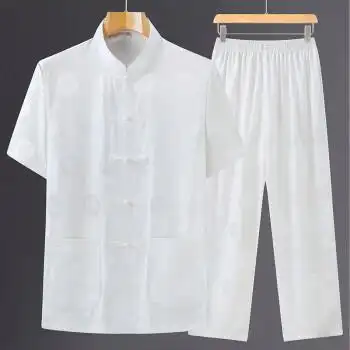 太极服真丝男练功服表演服唐装短袖中老年冰丝套装夏季爸爸装爷爷