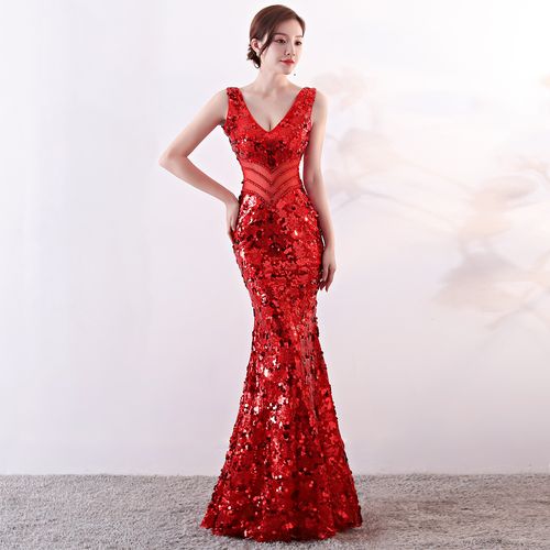 1101#宴会晚礼服长款秋冬修身时尚主持人连衣裙礼服女年会鱼尾